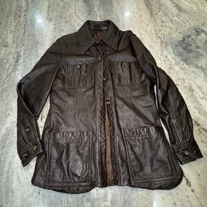 Vintage Medium Brown Leather Jacket Virginia Slims Wear Button Down